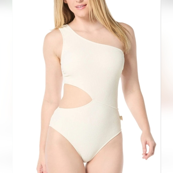 NWT Michael Kors One Shoulder One Piece Swimsuit Sz 12 White Cutout Resortwear - Picture 1 of 13